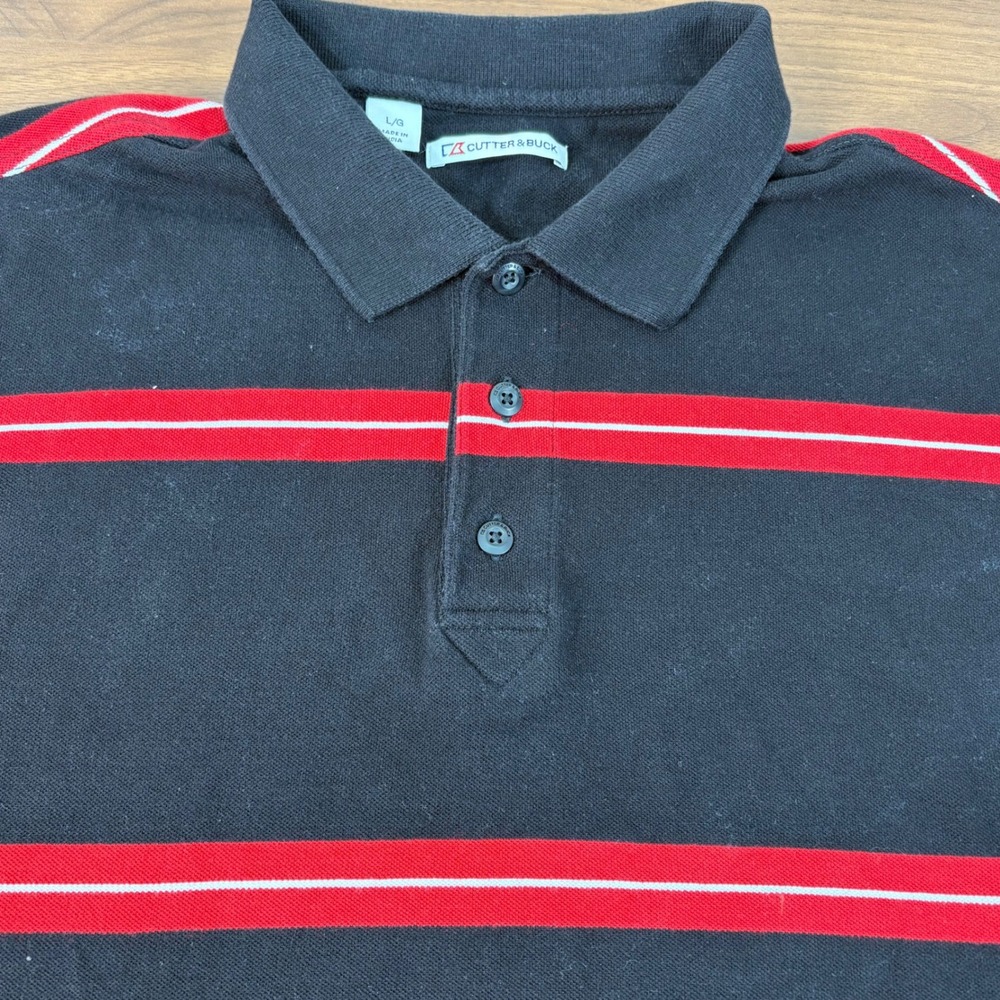 Cutter & Buck Mens Polo Shirt Large Black Red White‎ Striped Cotton Golf Casual